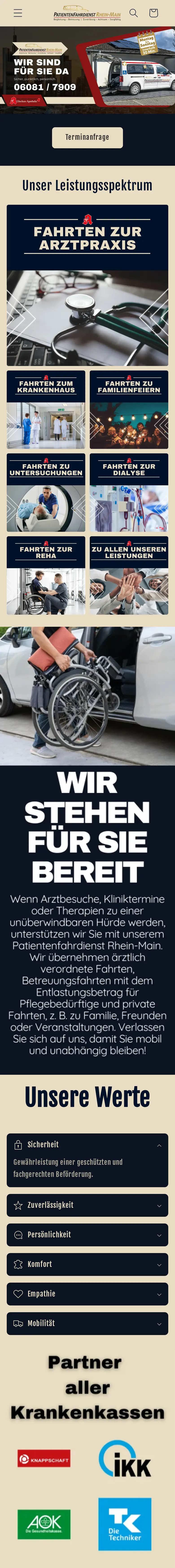 Website von Patientenfahrdienst Rhein-Main – echte mobile Ansicht